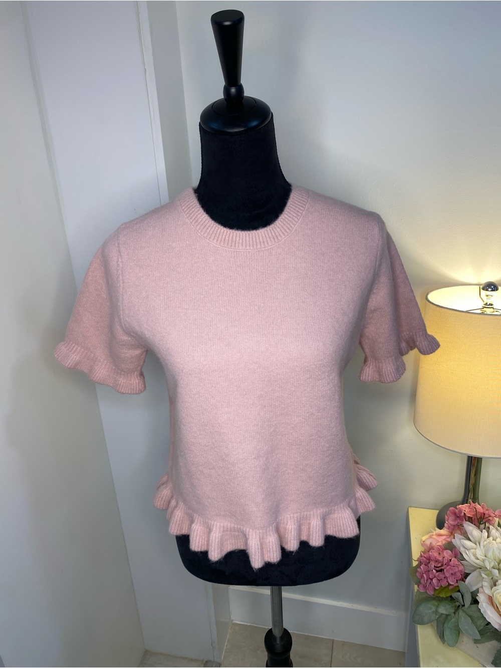 Zara Light Pink Ruffle Hem Short Sleeve Sweater Top